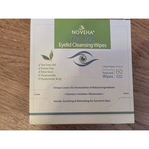 NOVEHA 60PCs Tea Tree Oil Eyelid & Lash Wipes | With Hyaluronic Acid, Green Tea